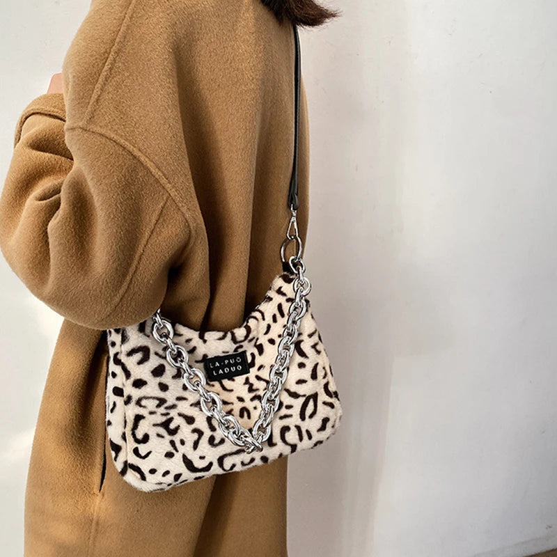 Women's Leopard Chain Hobo Bag Plush Shoulder Crossbody Bag