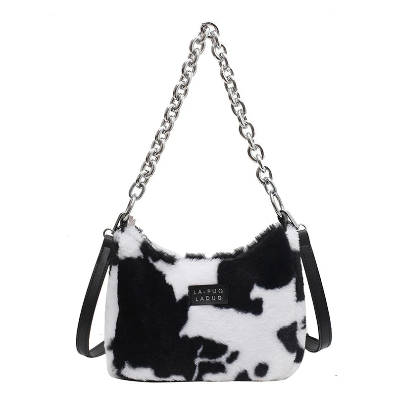 Women's Leopard Chain Hobo Bag Plush Shoulder Crossbody Bag