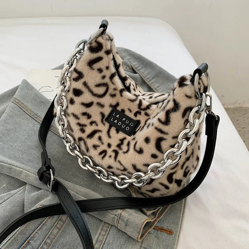 Women's Leopard Chain Hobo Bag Plush Shoulder Crossbody Bag