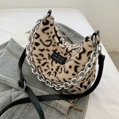 Women's Leopard Chain Hobo Bag Plush Shoulder Crossbody Bag