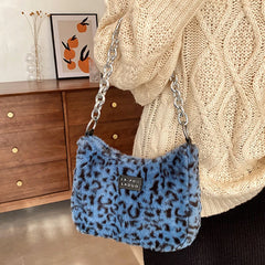 Women's Leopard Chain Hobo Bag Plush Shoulder Crossbody Bag