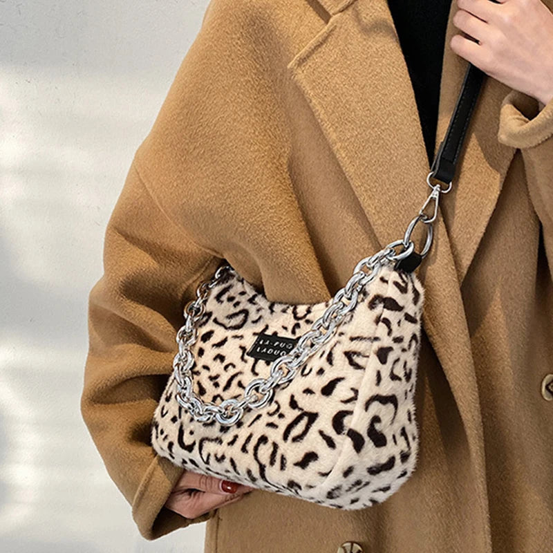 Women's Leopard Chain Hobo Bag Plush Shoulder Crossbody Bag