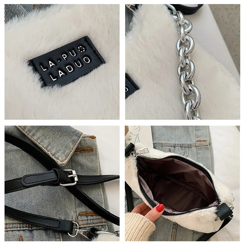 Women's Leopard Chain Hobo Bag Plush Shoulder Crossbody Bag