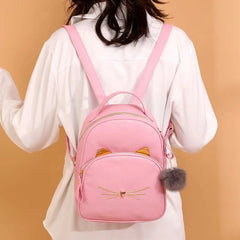 Women's Mini Backpack PU Leather Cartoon Cat School Bags for Teenagers Girls