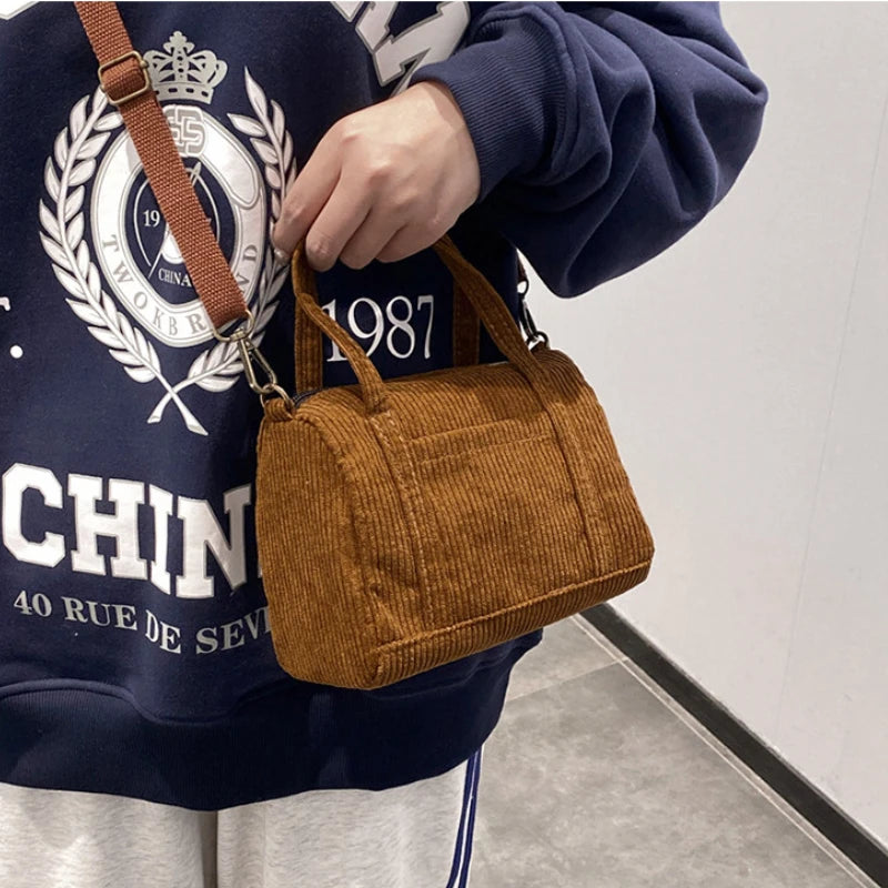Women's Mini Corduroy Shoulder Bag Canvas Handbag Zipper Totes Ladies Purse