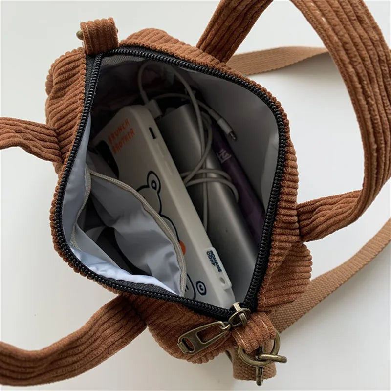 Women's Mini Corduroy Shoulder Bag Canvas Handbag Zipper Totes Casual Purse