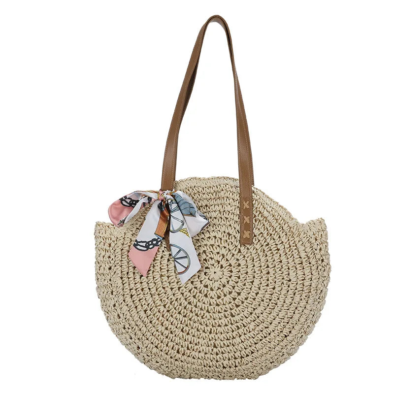 Women's Retro Straw Shoulder Bag Casual Beach Bag Oval Large Capacity Tote Bag