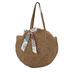 Women's Retro Straw Shoulder Bag Casual Beach Bag Oval Large Capacity Tote Bag