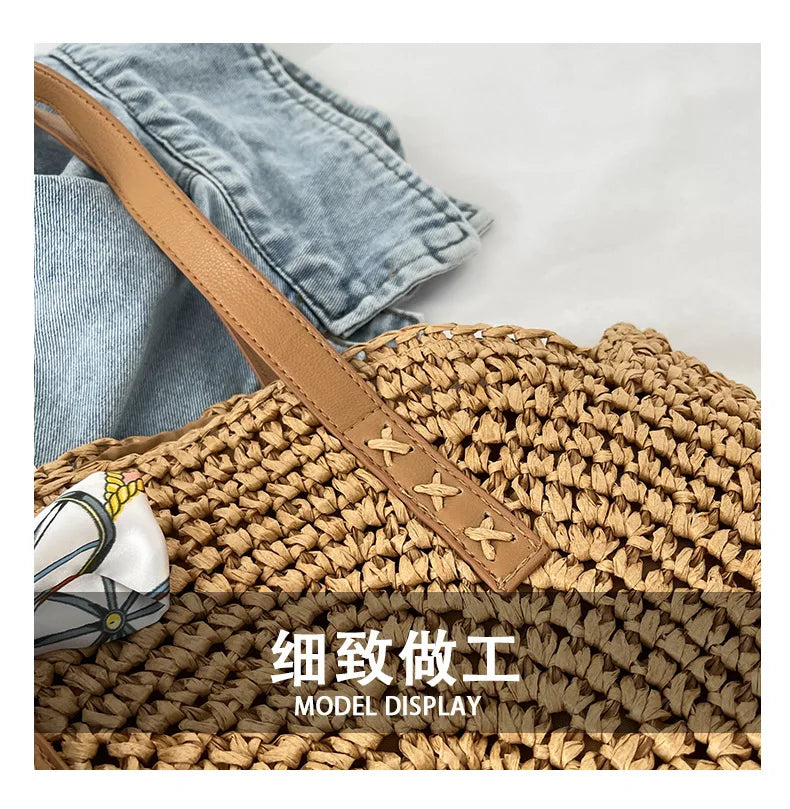 Women's Retro Straw Shoulder Bag Casual Beach Bag Oval Large Capacity Tote Bag