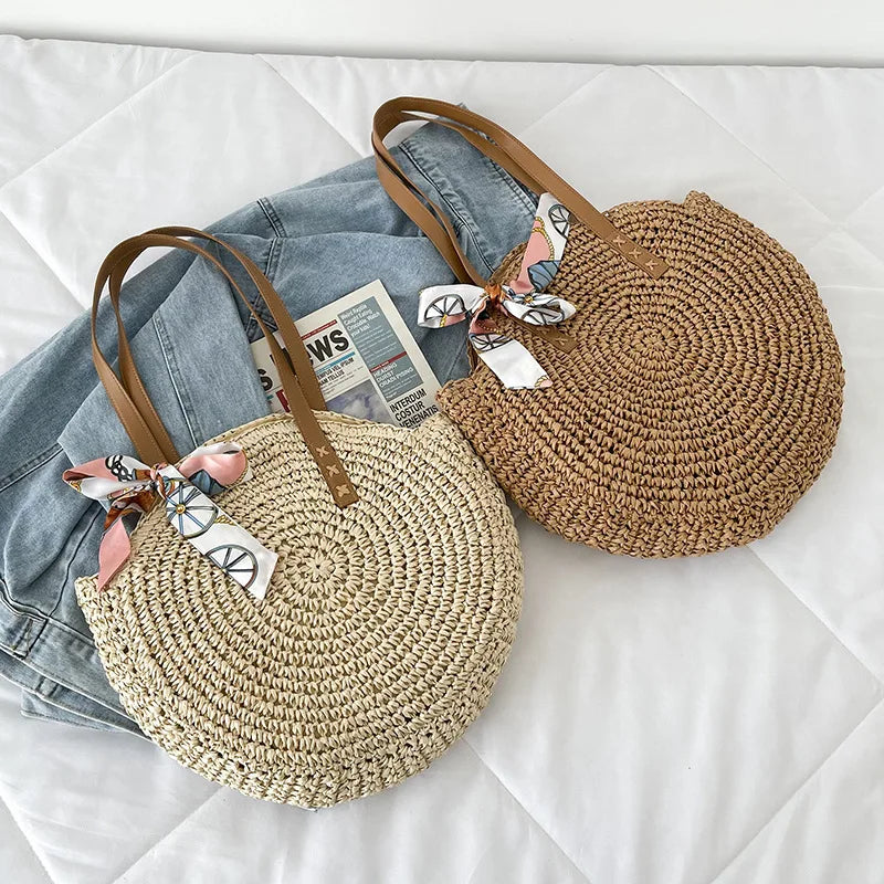 Women's Retro Straw Shoulder Bag Casual Beach Bag Oval Large Capacity Tote Bag