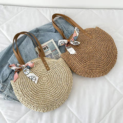 Women's Retro Straw Shoulder Bag Casual Beach Bag Oval Large Capacity Tote Bag