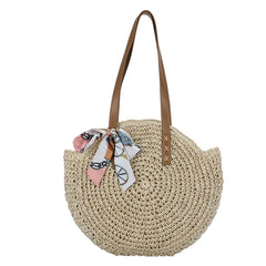 Women's Retro Straw Shoulder Bag Casual Beach Bag Oval Large Capacity Tote Bag