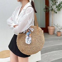 Women's Retro Straw Shoulder Bag Casual Beach Bag Oval Large Capacity Tote Bag