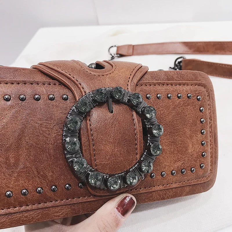 Women's PU Leather Shoulder Bag Studded Diamond Mini Crossbody