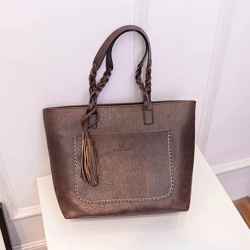 Women's Vintage Tassel Shoulder Bags PU Leather Big Capacity Handbag Bolsas