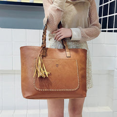 Women's Vintage Tassel Shoulder Bags PU Leather Big Capacity Handbag Bolsas