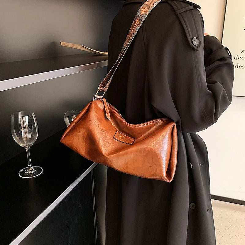 Women's Leather Shoulder Bag Wide Strap Tote Crossbody Bag
