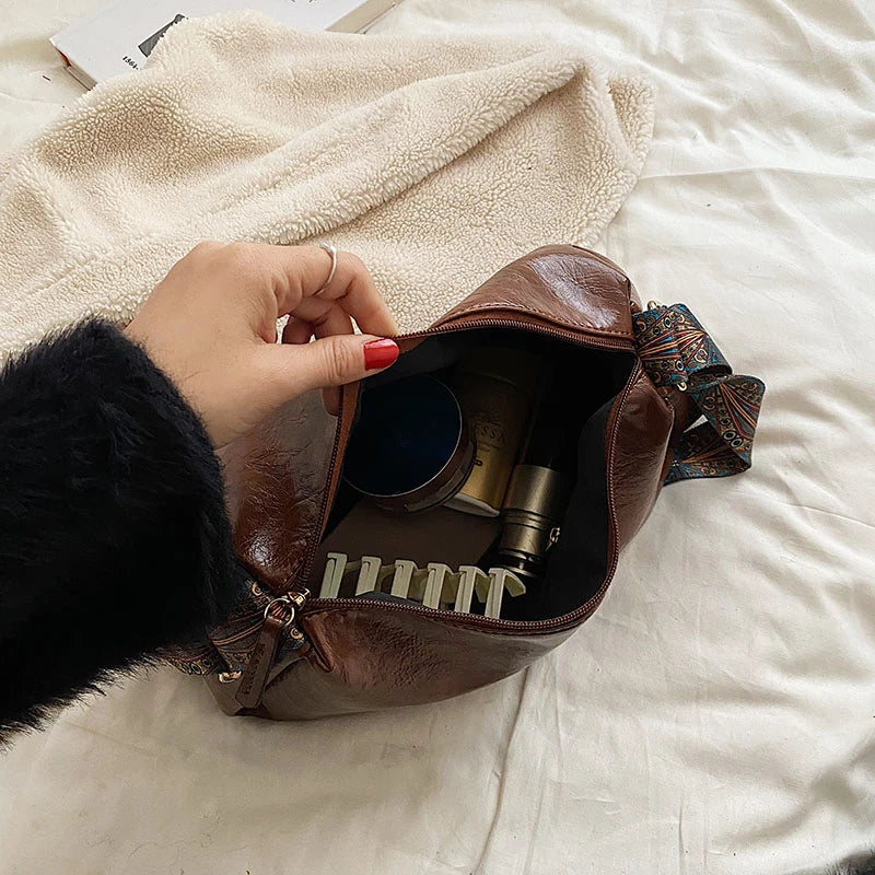 Women's Leather Shoulder Bag Wide Strap Tote Crossbody Bag