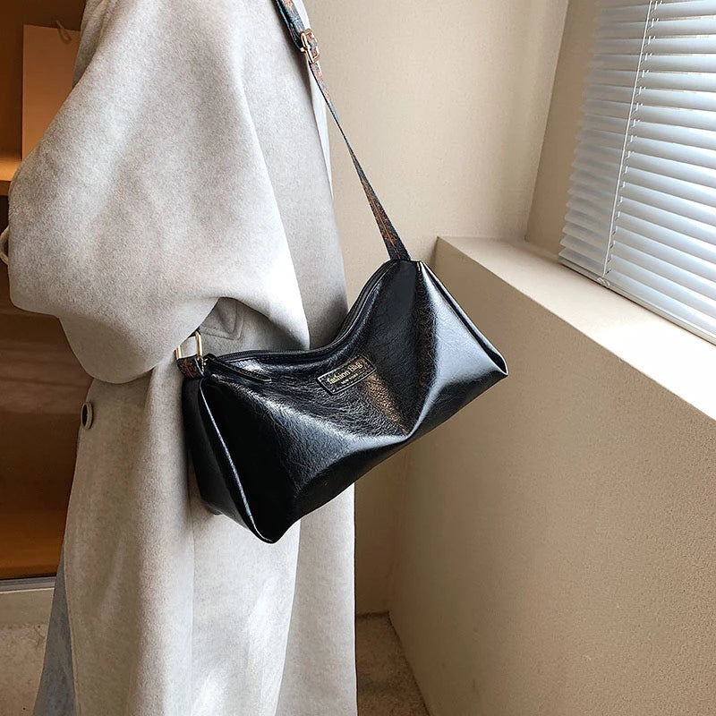 Women's Leather Shoulder Bag Wide Strap Tote Crossbody Bag