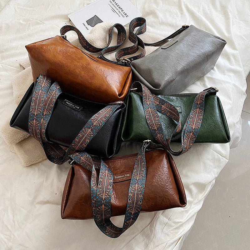 Women's Leather Shoulder Bag Wide Strap Tote Crossbody Bag
