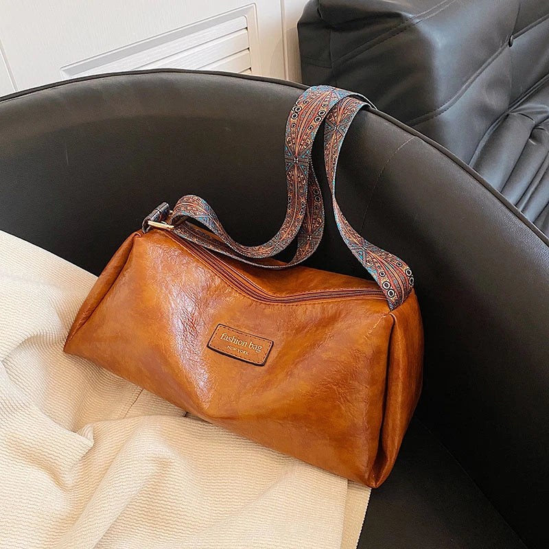 Women's Leather Shoulder Bag Wide Strap Tote Crossbody Bag