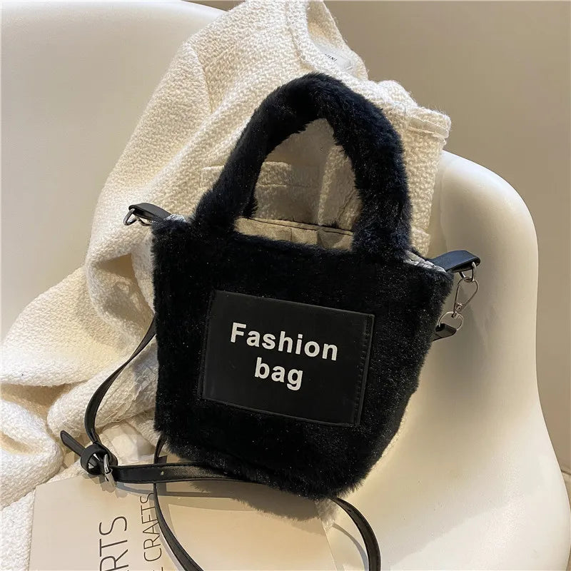 Women's Plush Bucket Shoulder Bag Crossbody Portable Letter Bag