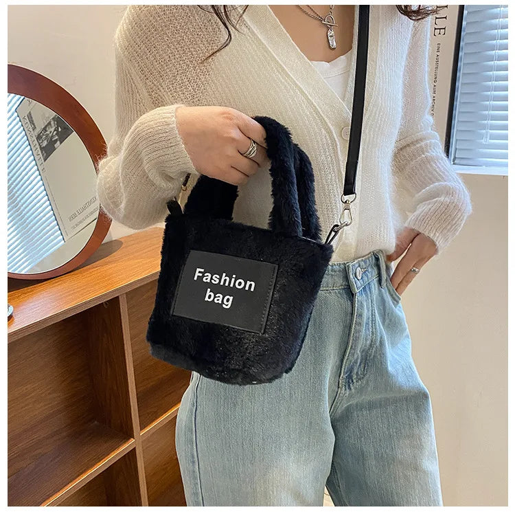 Women's Plush Bucket Shoulder Bag Crossbody Portable Letter Bag