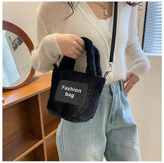 Women's Plush Bucket Shoulder Bag Crossbody Portable Letter Bag