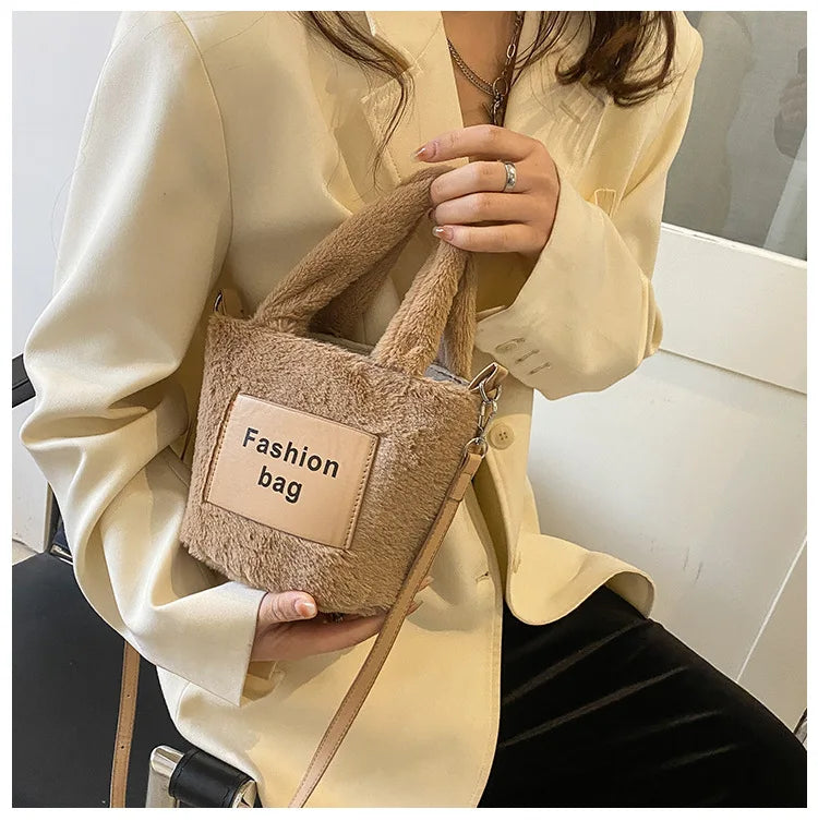 Women's Plush Bucket Shoulder Bag Crossbody Portable Letter Bag