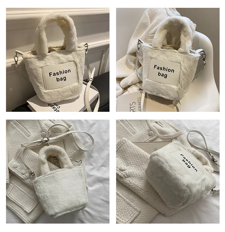 Women's Plush Bucket Shoulder Bag Crossbody Portable Letter Bag