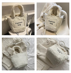 Women's Plush Bucket Shoulder Bag Crossbody Portable Letter Bag