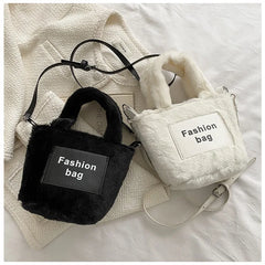 Women's Plush Bucket Shoulder Bag Crossbody Portable Letter Bag