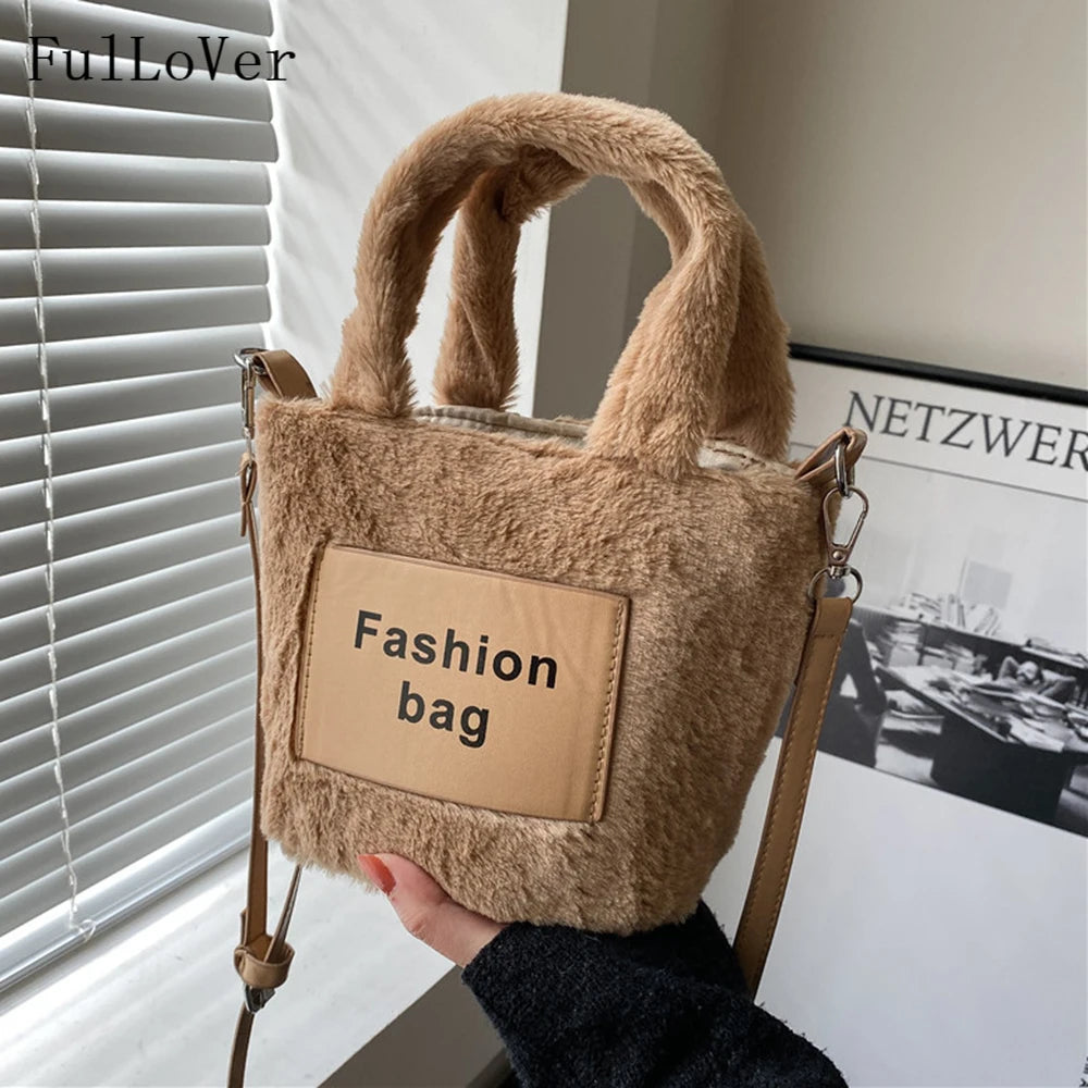 Women's Plush Bucket Shoulder Bag Crossbody Portable Letter Bag