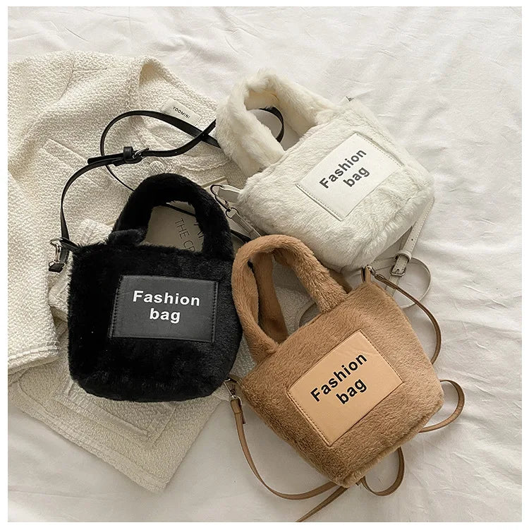 Women's Plush Bucket Shoulder Bag Crossbody Portable Letter Bag