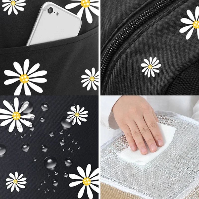 Women's Portable Daisy Thermal Lunch Bag Large Capacity Insulated Cooler