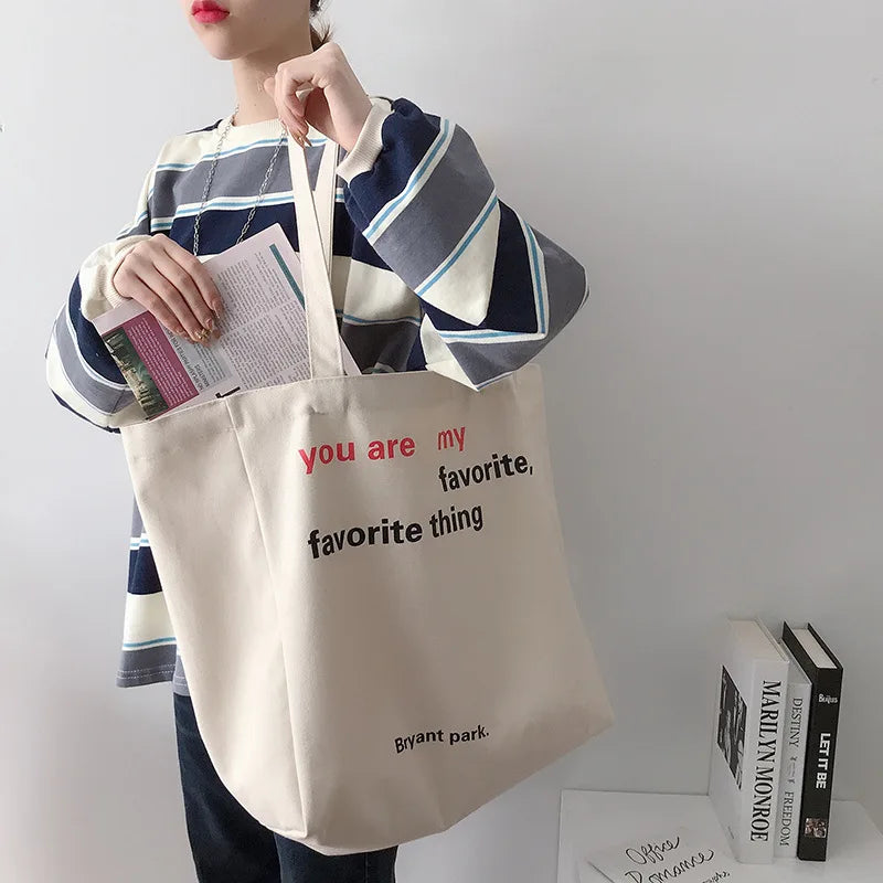 Women's Reusable Shopper Bag Letter Print Large Capacity Cotton Canvas Tote