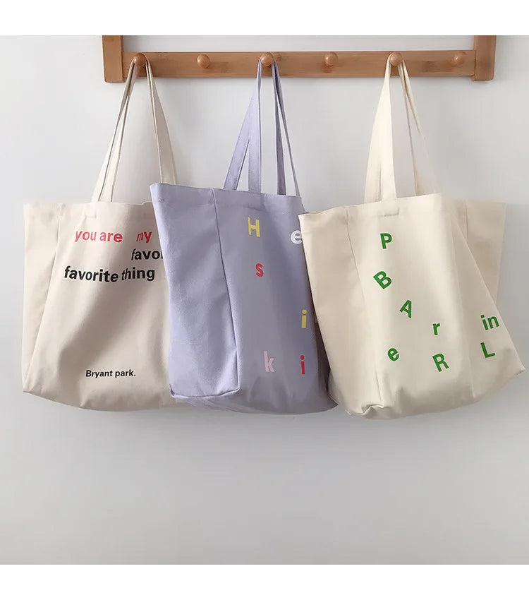 Women's Reusable Shopper Bag Letter Print Large Capacity Cotton Canvas Tote