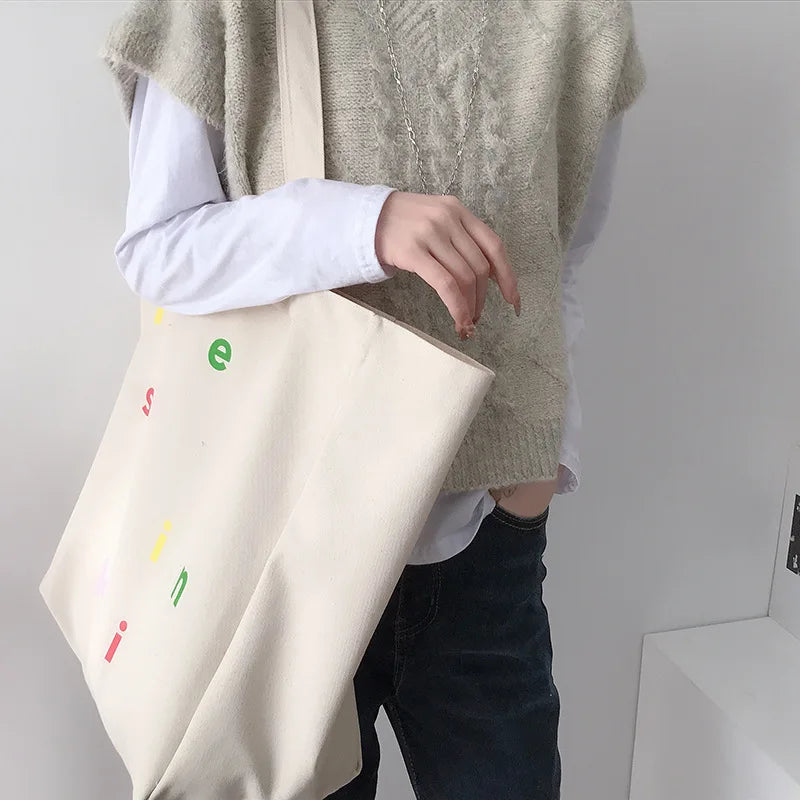 Women's Reusable Shopper Bag Letter Print Large Capacity Cotton Canvas Tote