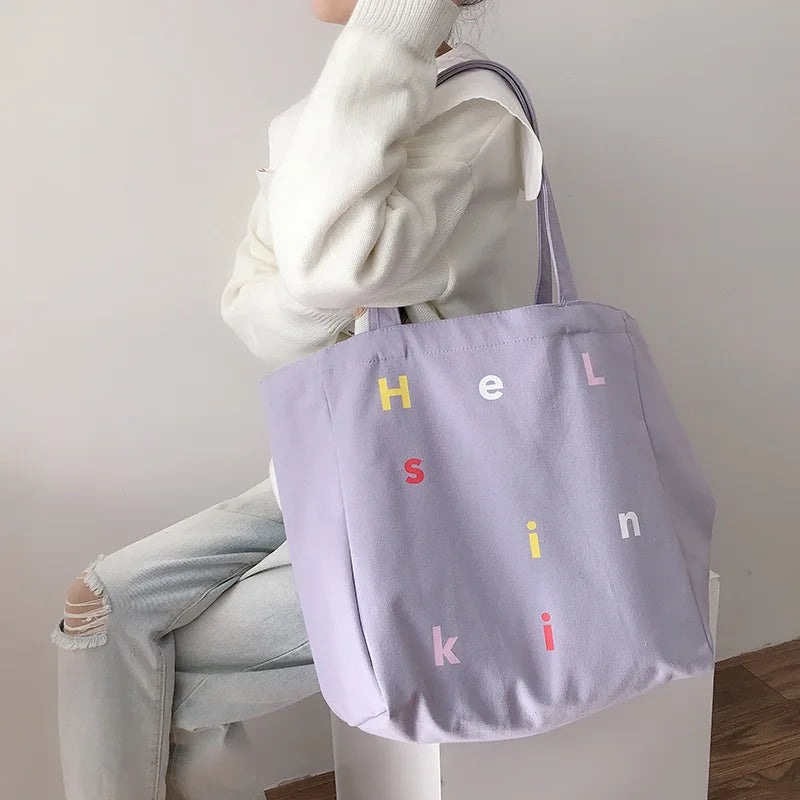 Women's Reusable Shopper Bag Letter Print Large Capacity Cotton Canvas Tote