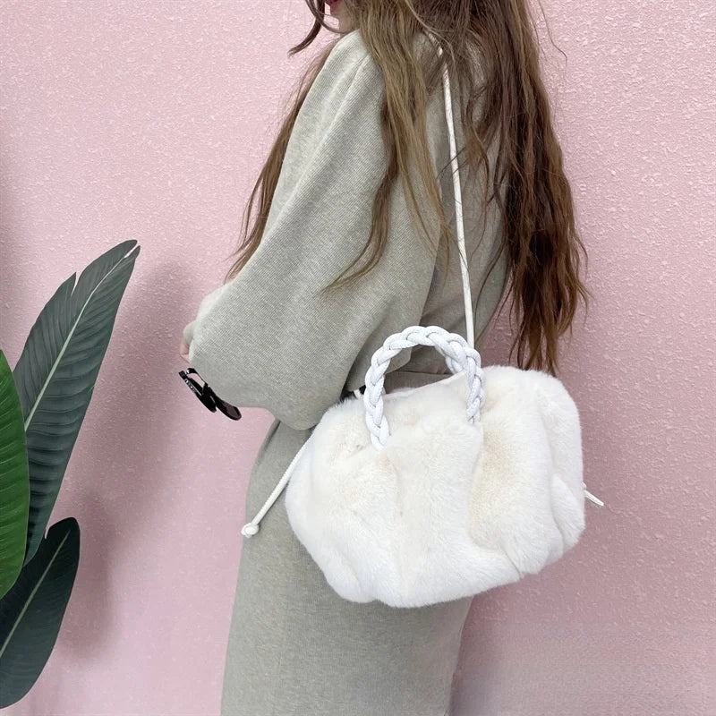 Plush Tote Shoulder Bag for Women Fluffy Handbag Fur Ladies Hand Shopper Bag