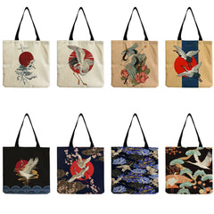 Animal Print Tote Bag Large Capacity Foldable Handbag Red Crowned Crane