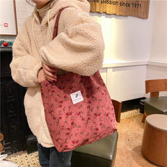 Corduroy Floral Tote Bag with Shoulder Strap