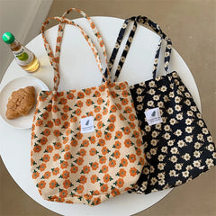 Corduroy Floral Tote Bag with Shoulder Strap