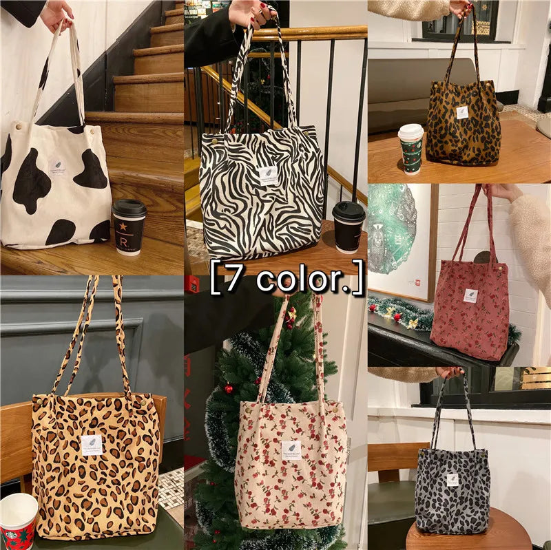 Corduroy Floral Tote Bag with Shoulder Strap