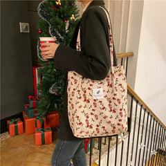 Corduroy Floral Tote Bag with Shoulder Strap