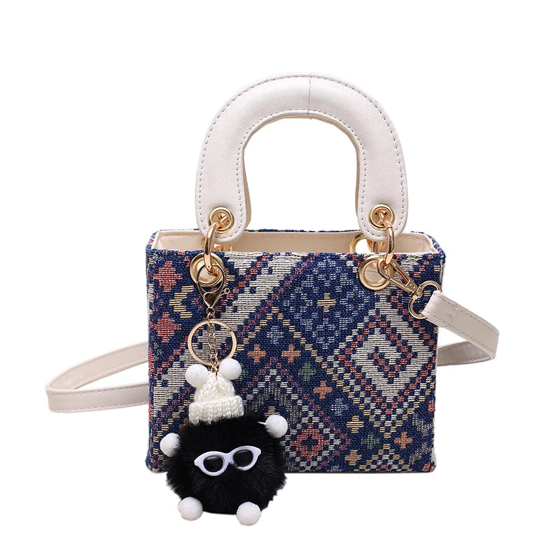 Women's Leather Canvas Shoulder Bag Stylish Square Crossbody Bag