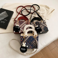 Women's Leather Canvas Shoulder Bag Stylish Square Crossbody Bag