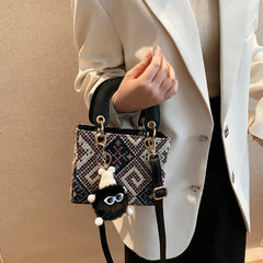 Women's Leather Canvas Shoulder Bag Stylish Square Crossbody Bag