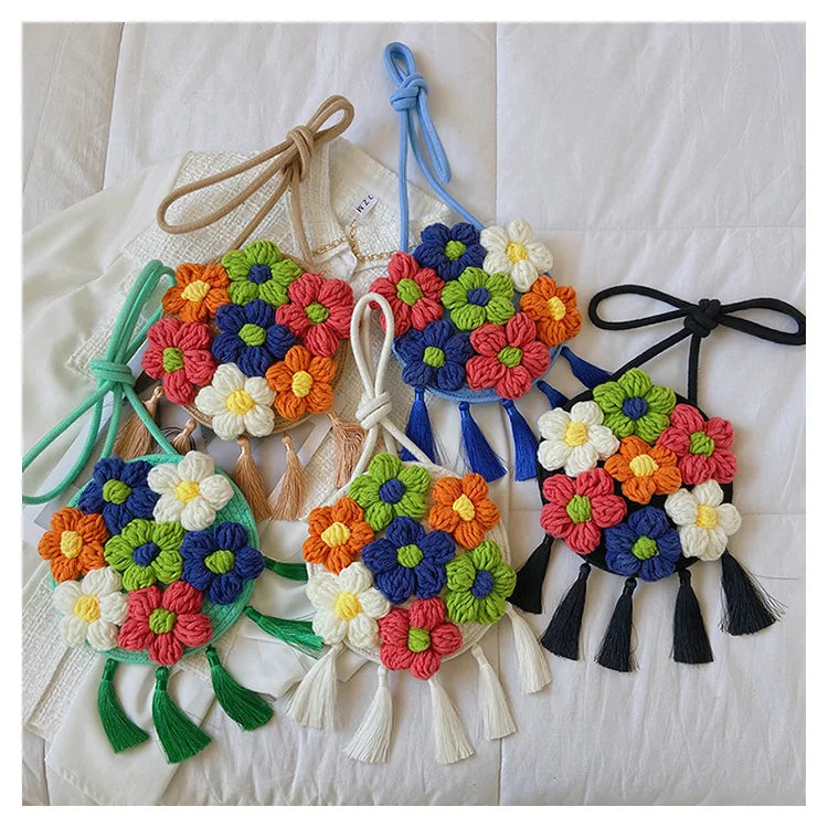 Women's Shoulder Bag Flower Tassel Decorated Crossbody Beach Travel Bag