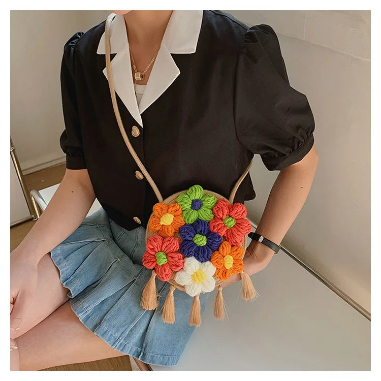 Women's Shoulder Bag Flower Tassel Decorated Crossbody Beach Travel Bag